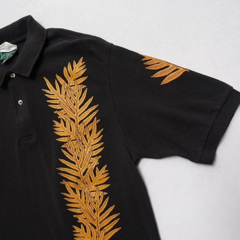 Na Makua Hawaii Polo Mens Medium Black Gold Fern Tropical Aloha Shirt